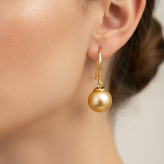 Luxurious South Sea Golden Pearl Dangling Earrings in 14K Solid Gold 9 MM